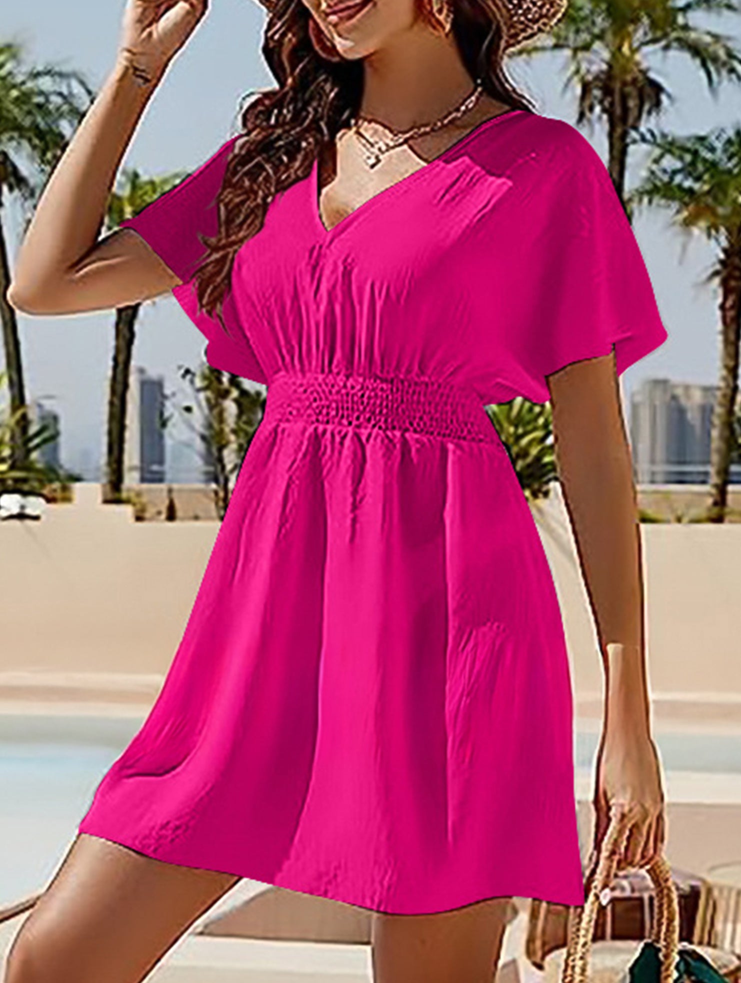V Neck Ruched Beach Cover Dress