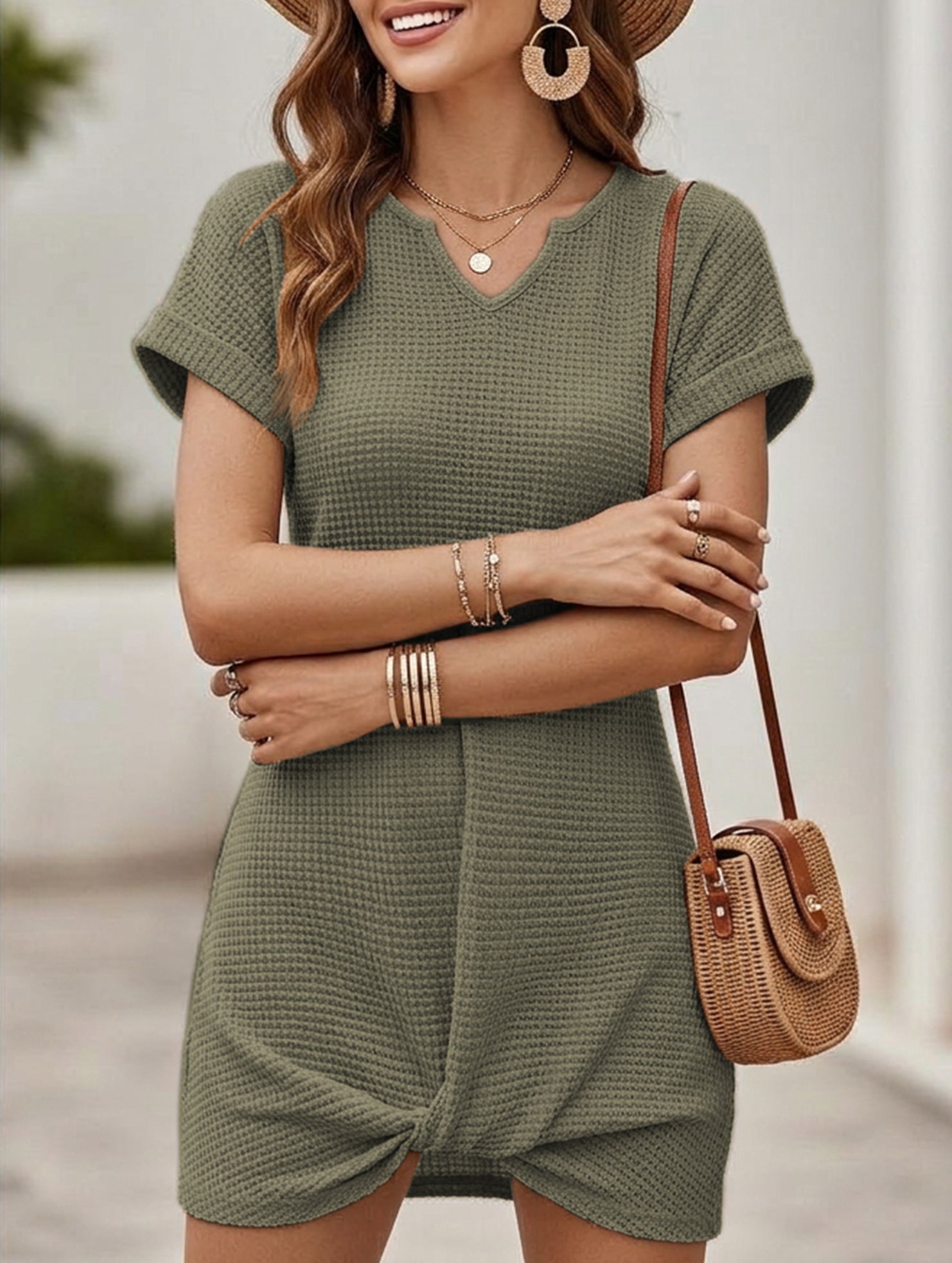 Women's army green V neck twist beach cover dress - short sleeve casual mini dress