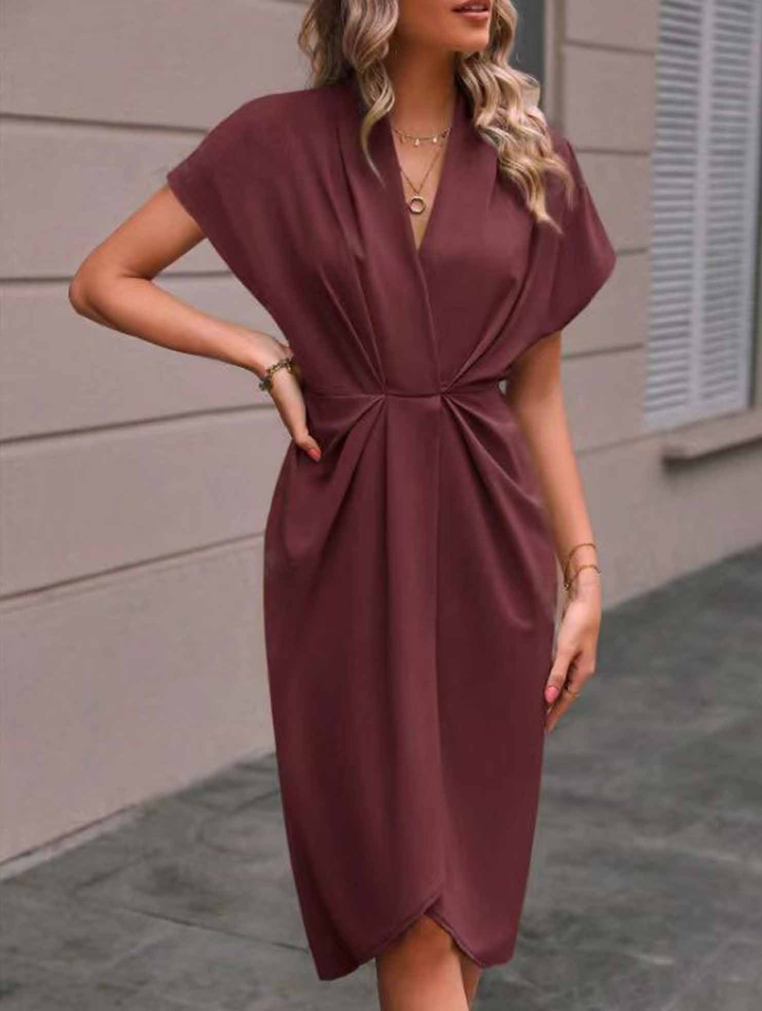V Neck Irregular Sleeve Dress_CWDSD11961