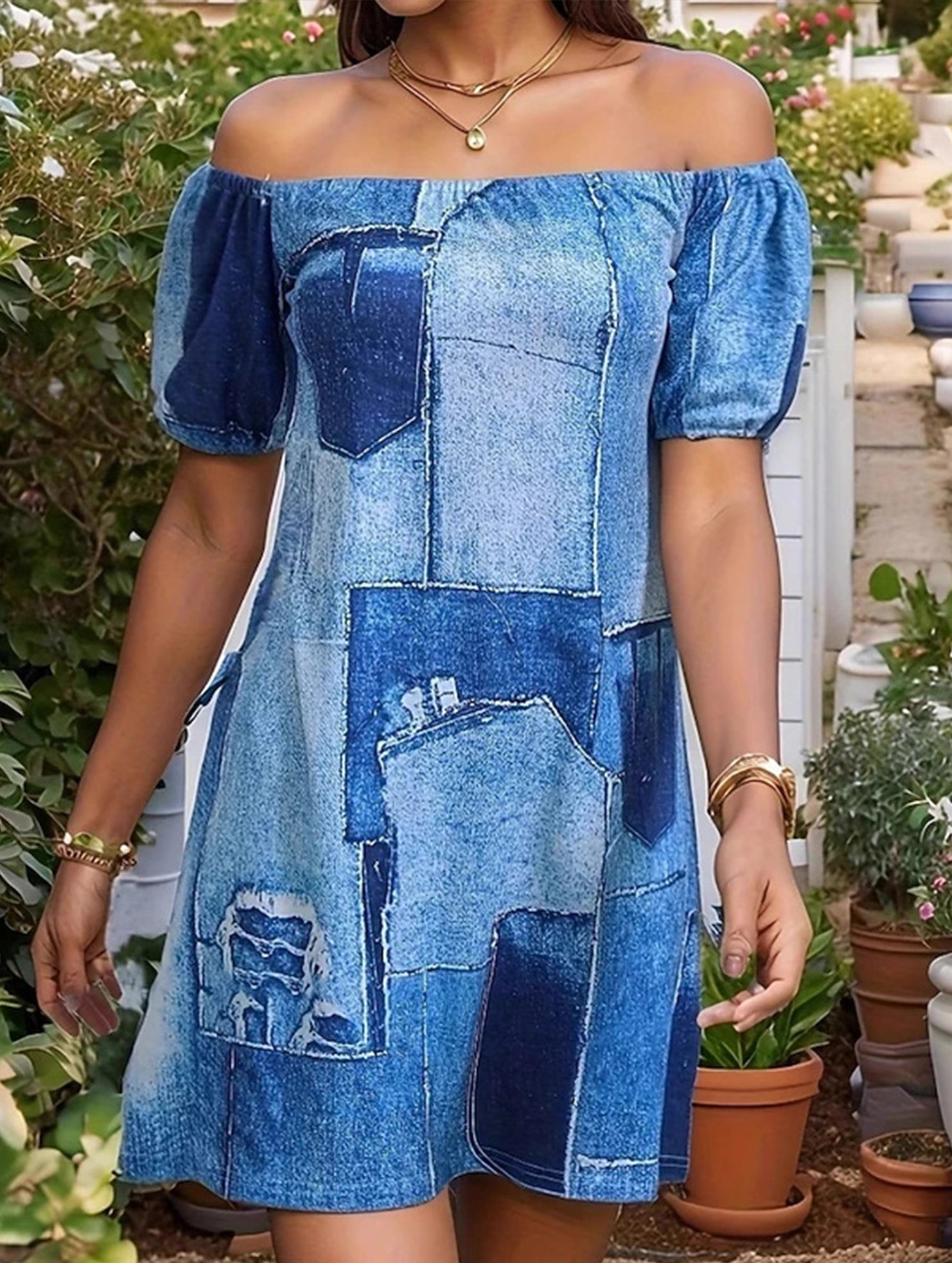 Colorblock Off Shoulder Lantern Sleeve Dress_CWDSD12018