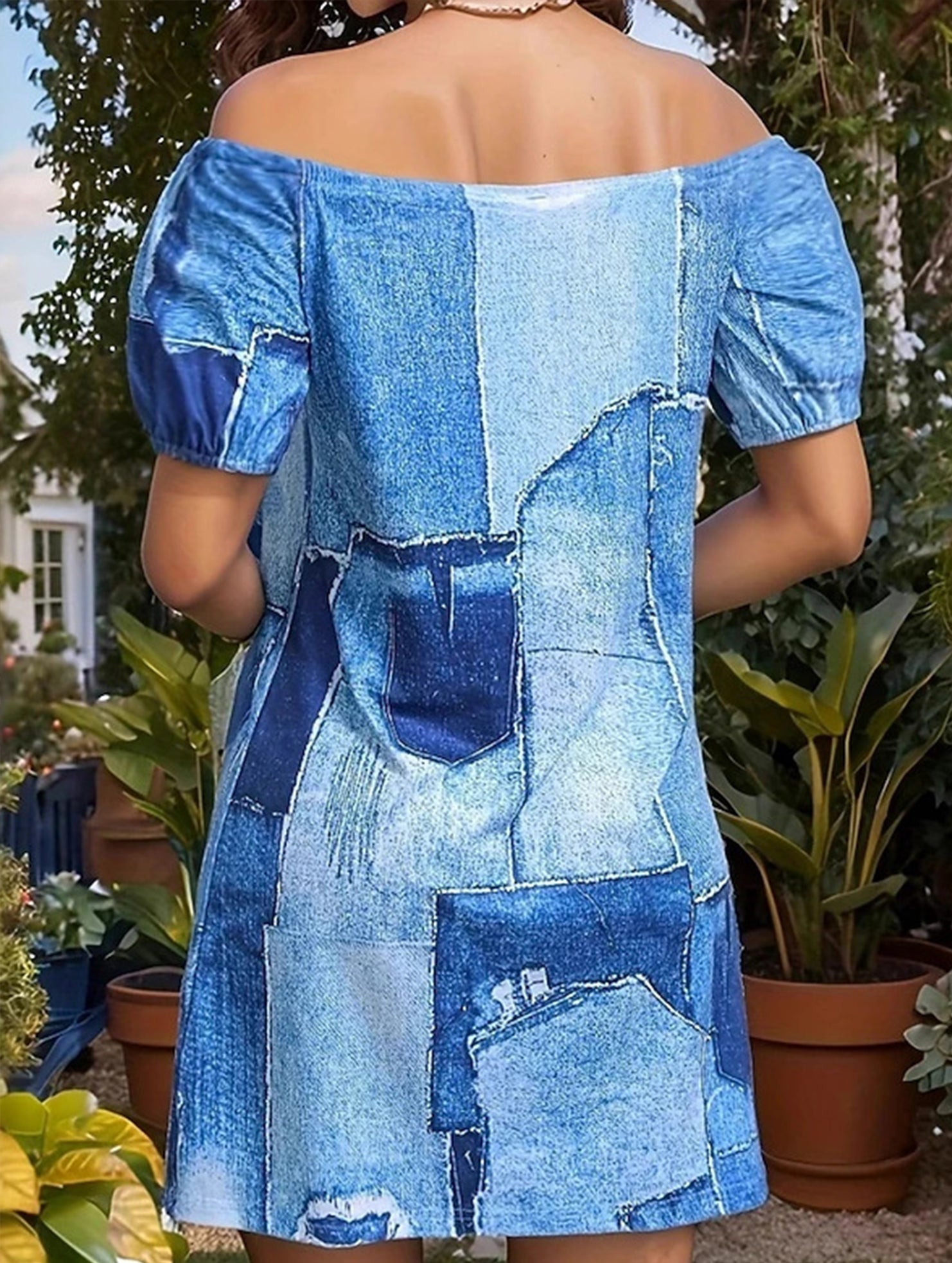 Colorblock Off Shoulder Lantern Sleeve Dress_CWDSD12018