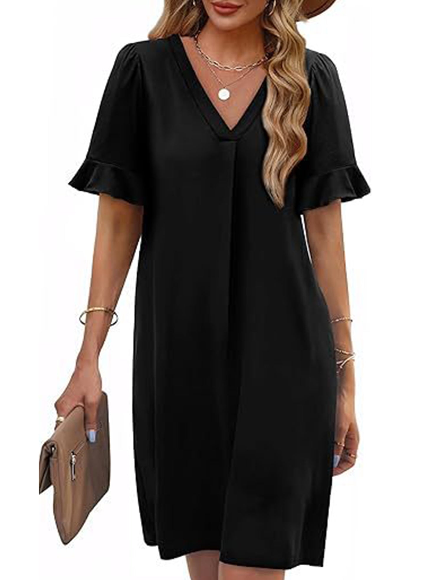 V Neck Flare Sleeve Midi Dress_CWDSD12025