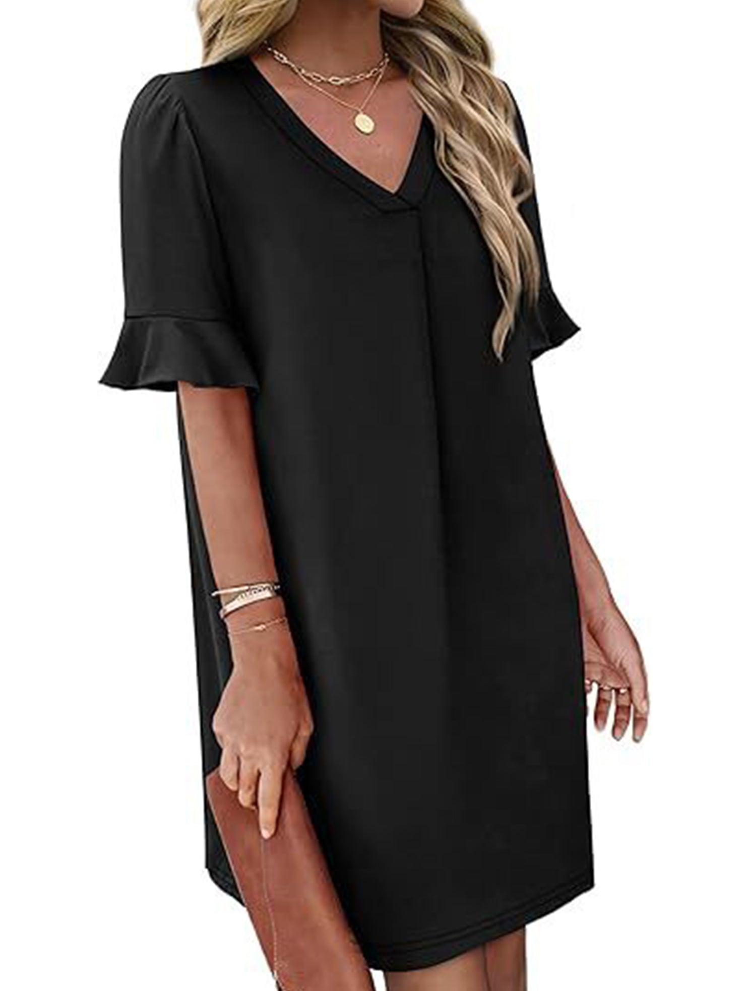 V Neck Flare Sleeve Midi Dress_CWDSD12025