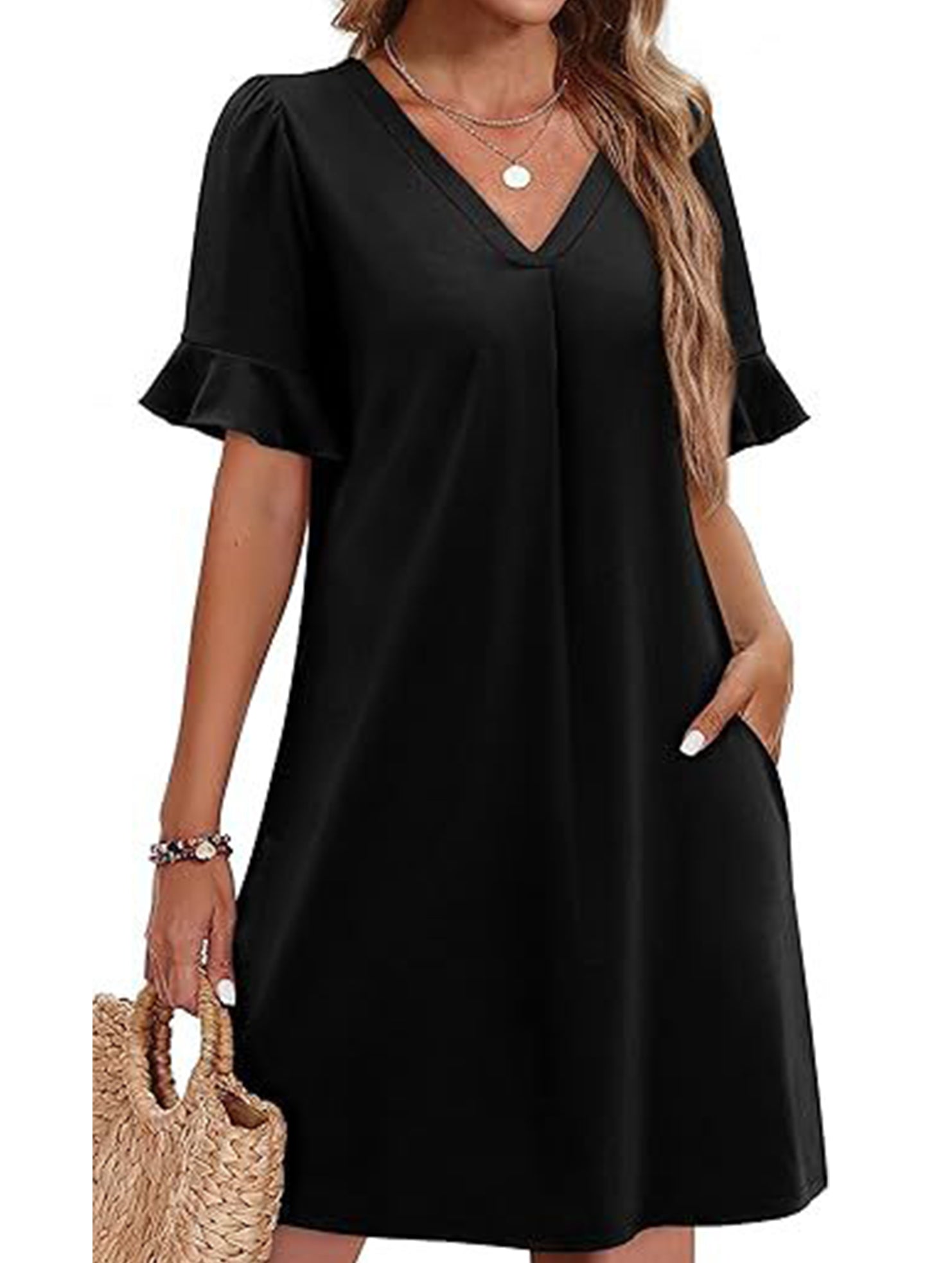 V Neck Flare Sleeve Midi Dress_CWDSD12025