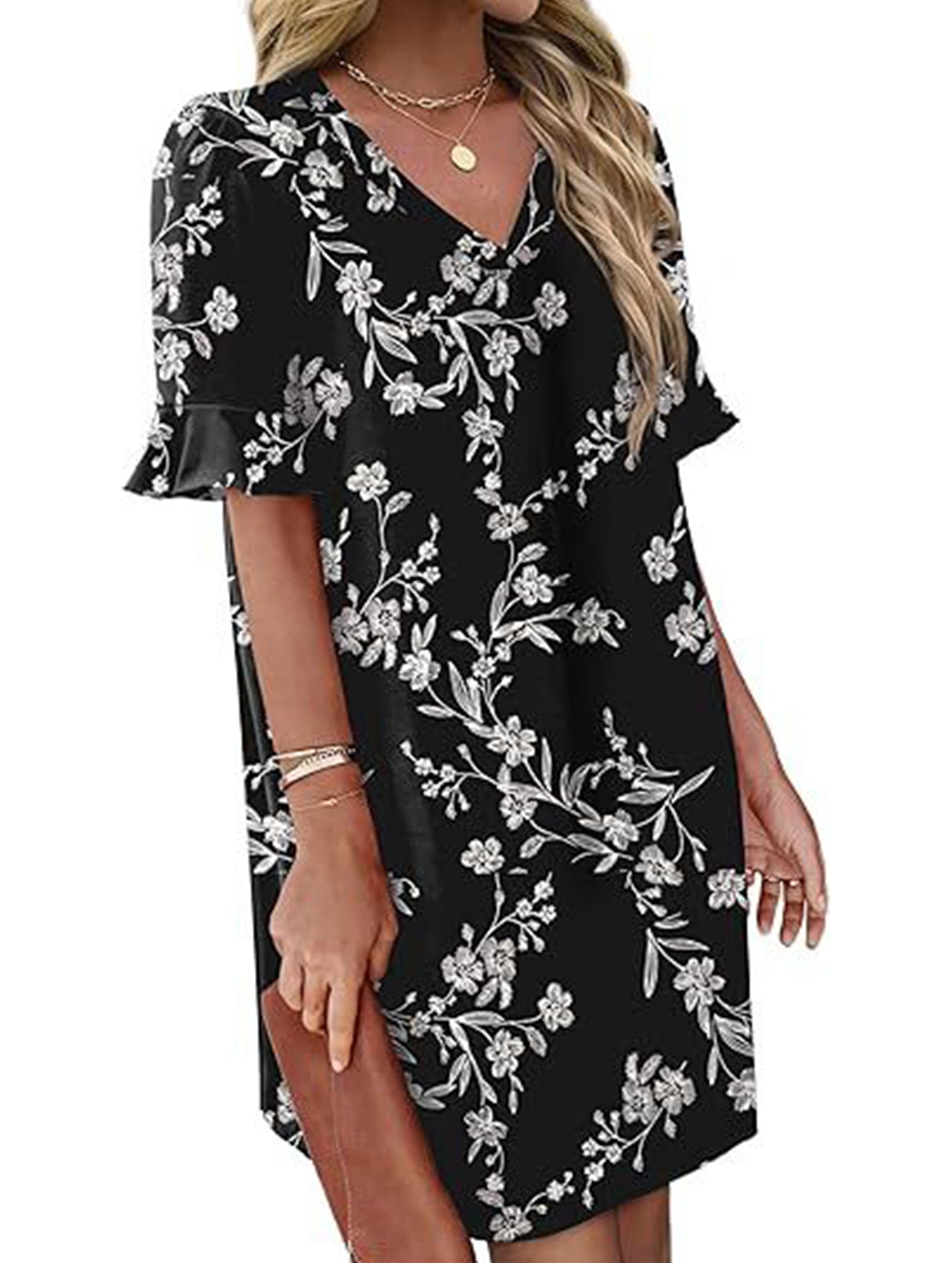 V Neck Flare Sleeve Midi Dress_CWDSD12025