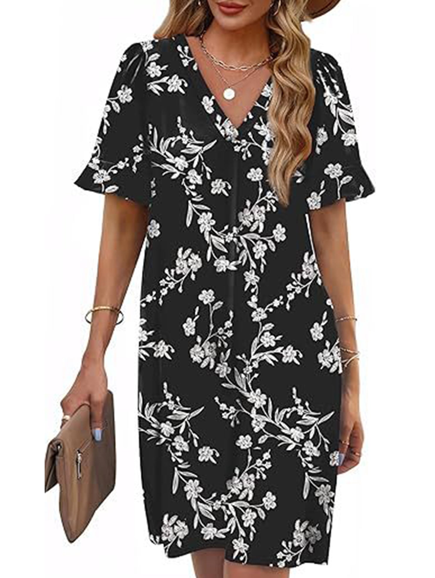 V Neck Flare Sleeve Midi Dress_CWDSD12025