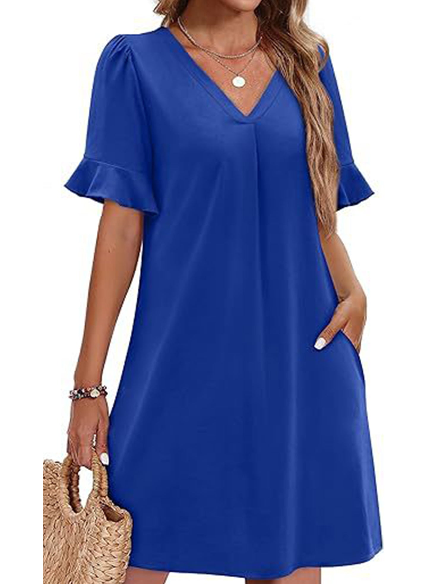 V Neck Flare Sleeve Midi Dress_CWDSD12025
