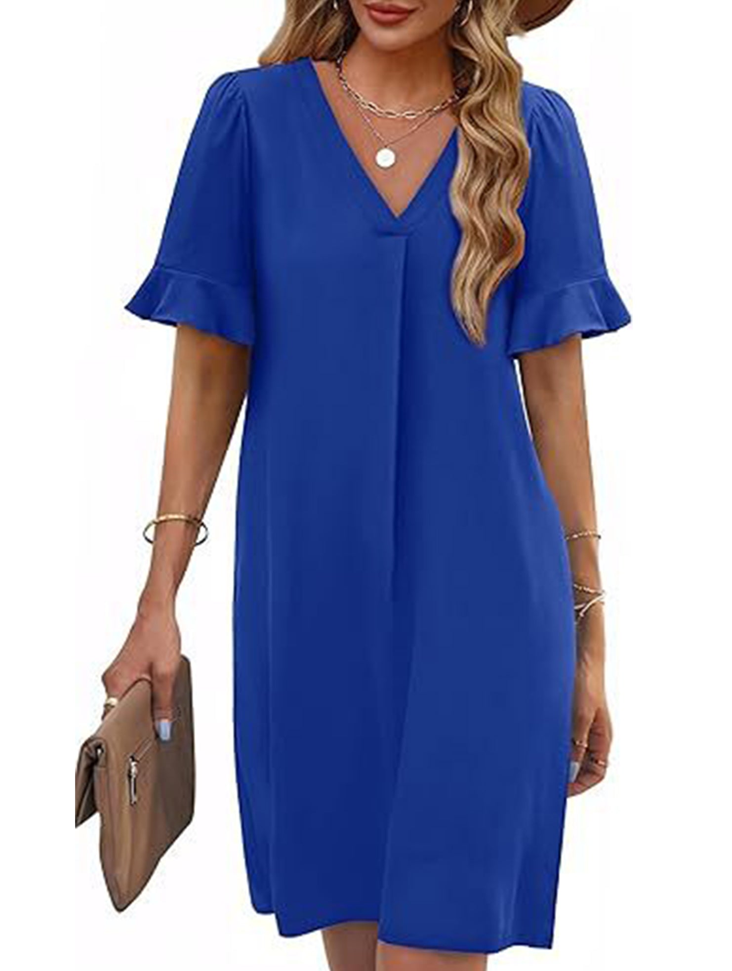 V Neck Flare Sleeve Midi Dress_CWDSD12025