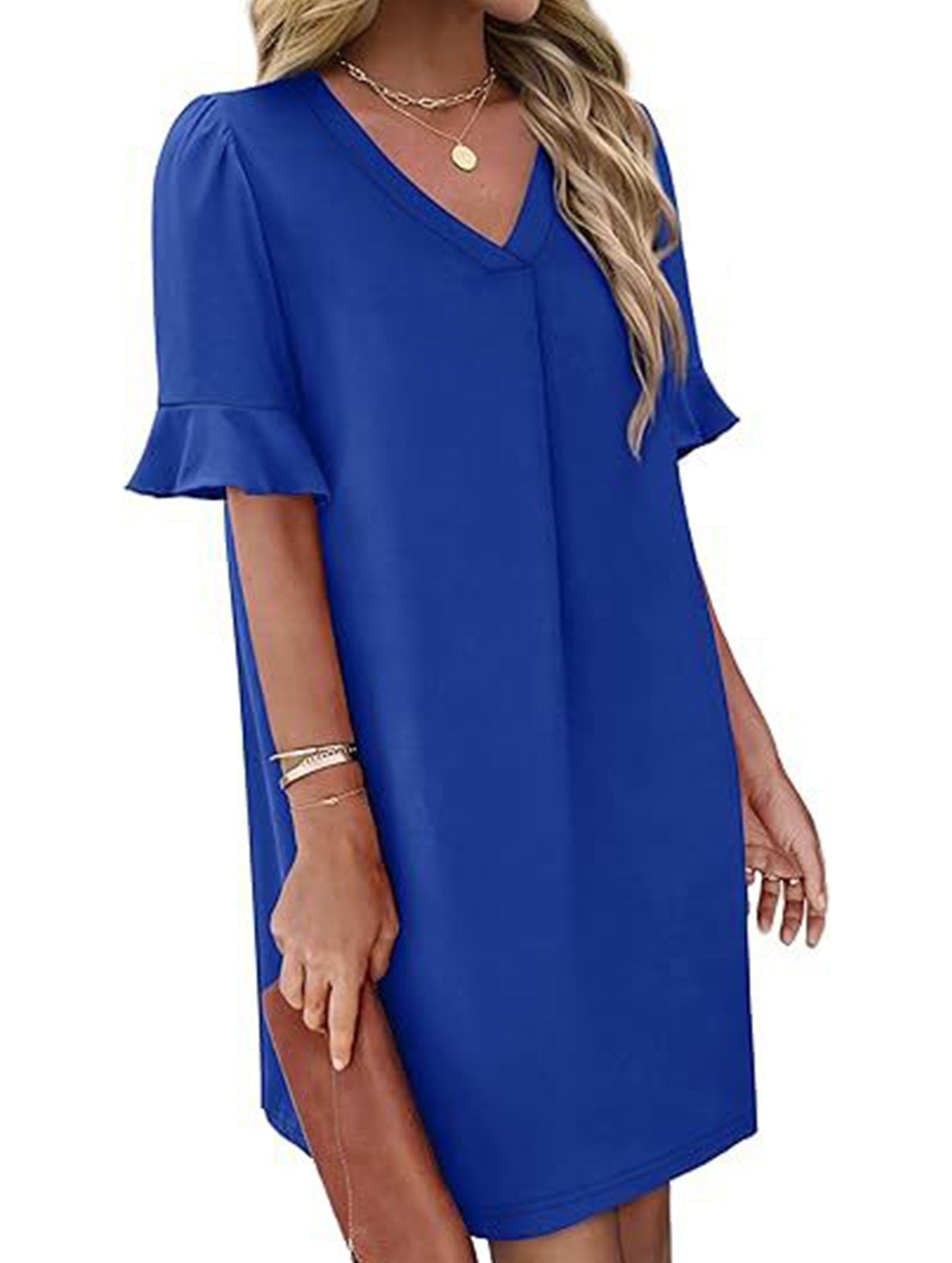 V Neck Flare Sleeve Midi Dress_CWDSD12025