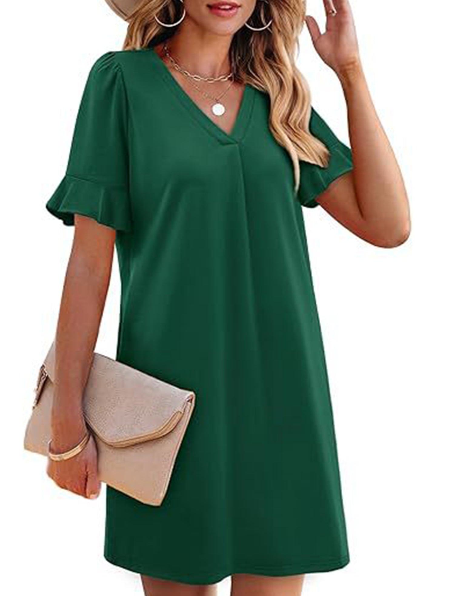 V Neck Flare Sleeve Midi Dress_CWDSD12025
