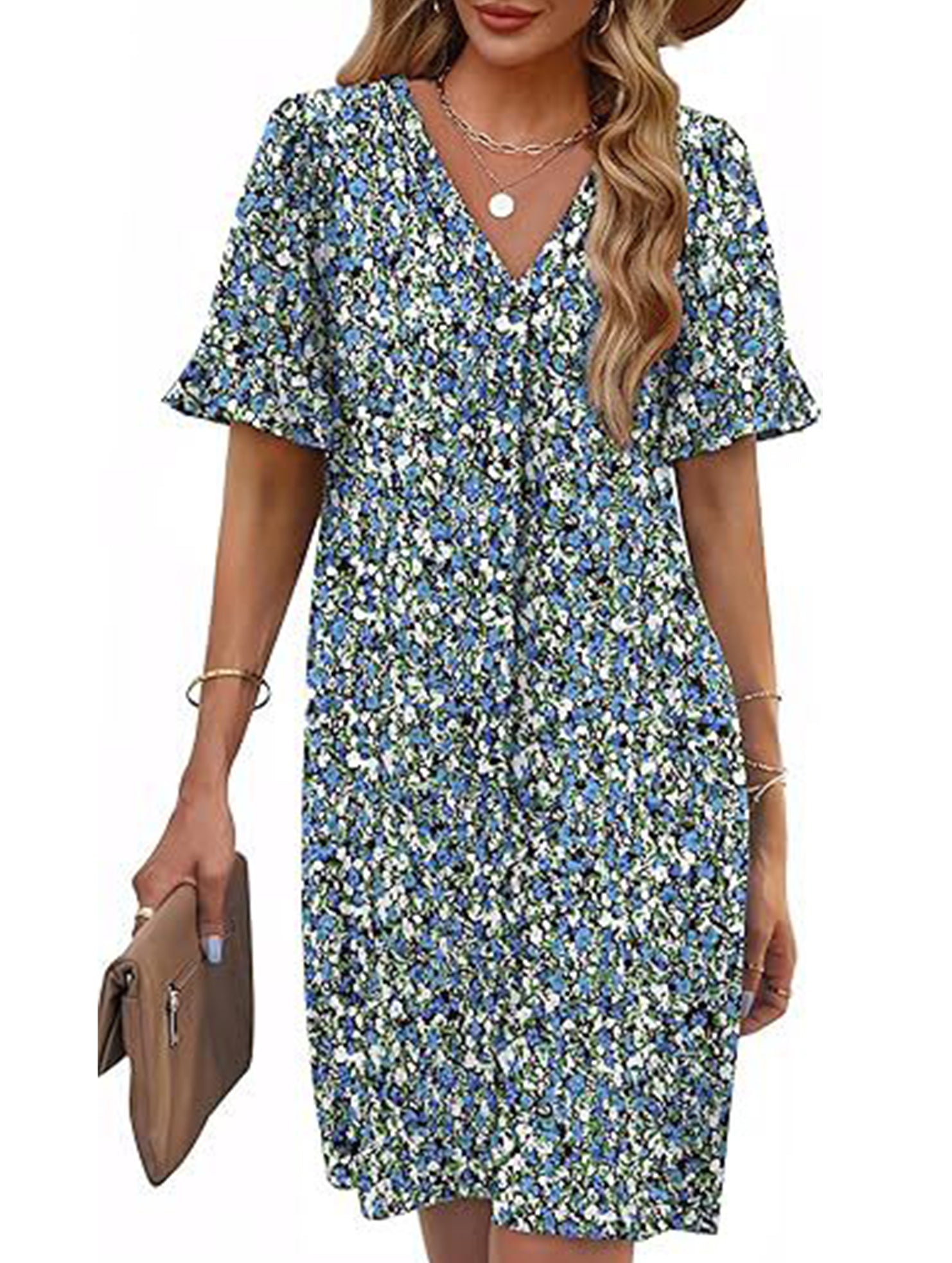 V Neck Flare Sleeve Midi Dress_CWDSD12025