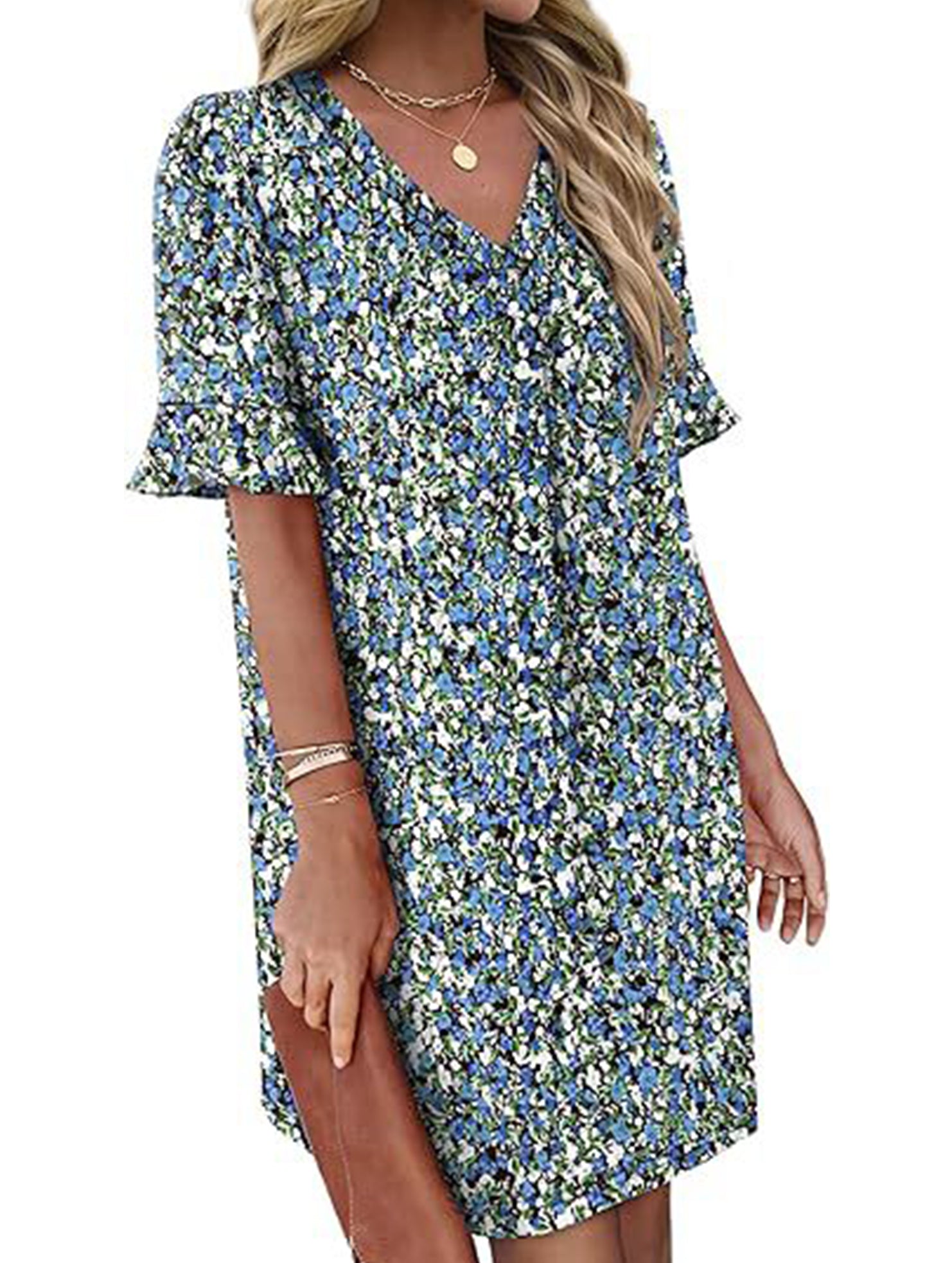 V Neck Flare Sleeve Midi Dress_CWDSD12025