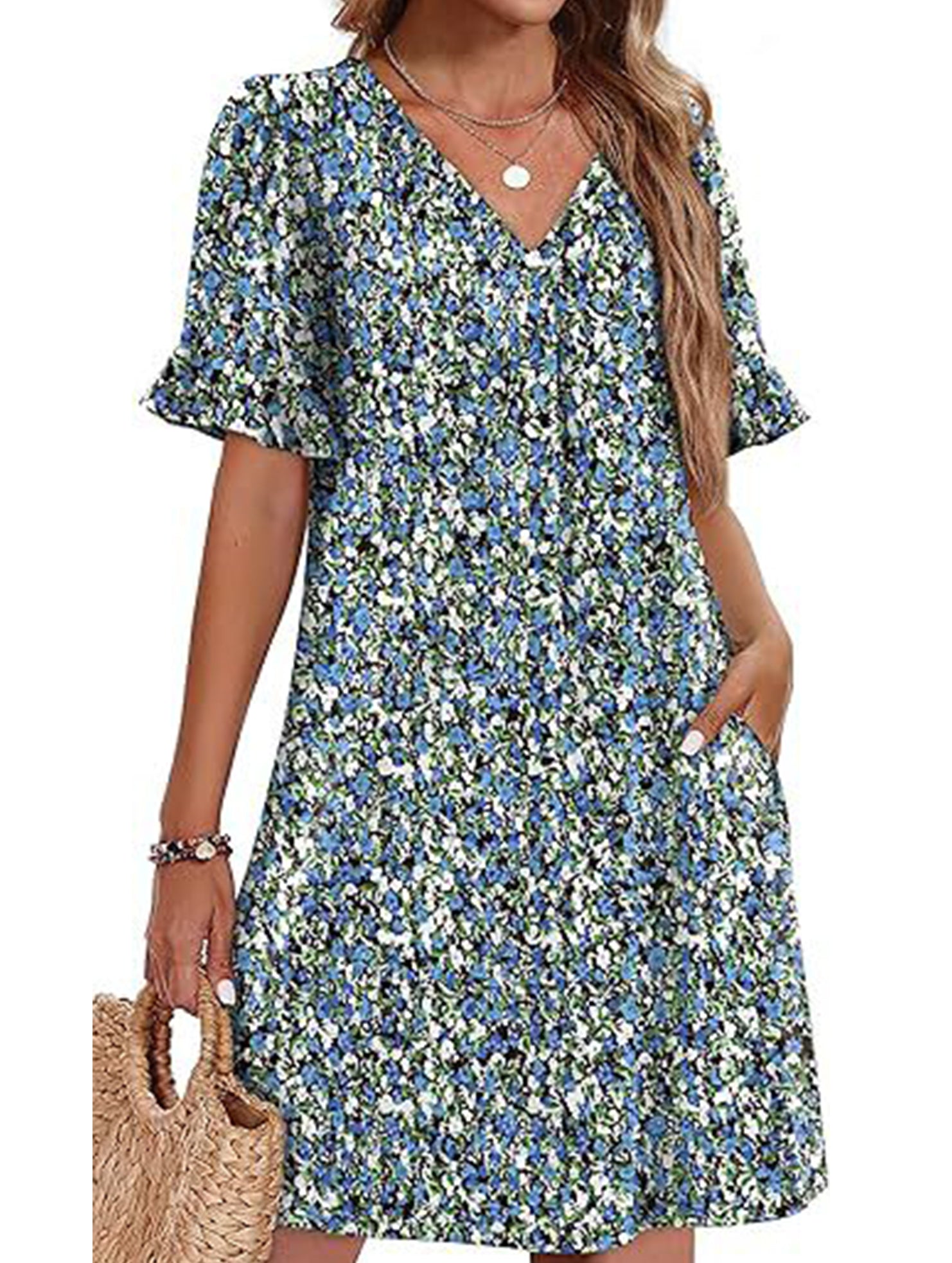 V Neck Flare Sleeve Midi Dress_CWDSD12025