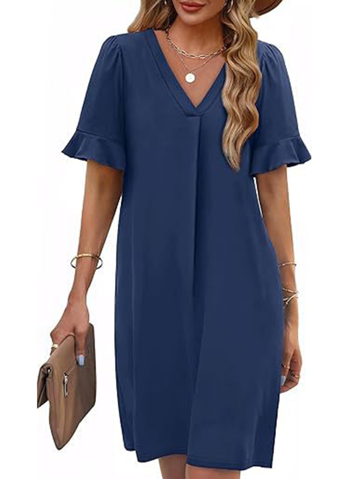 V Neck Flare Sleeve Midi Dress_CWDSD12025
