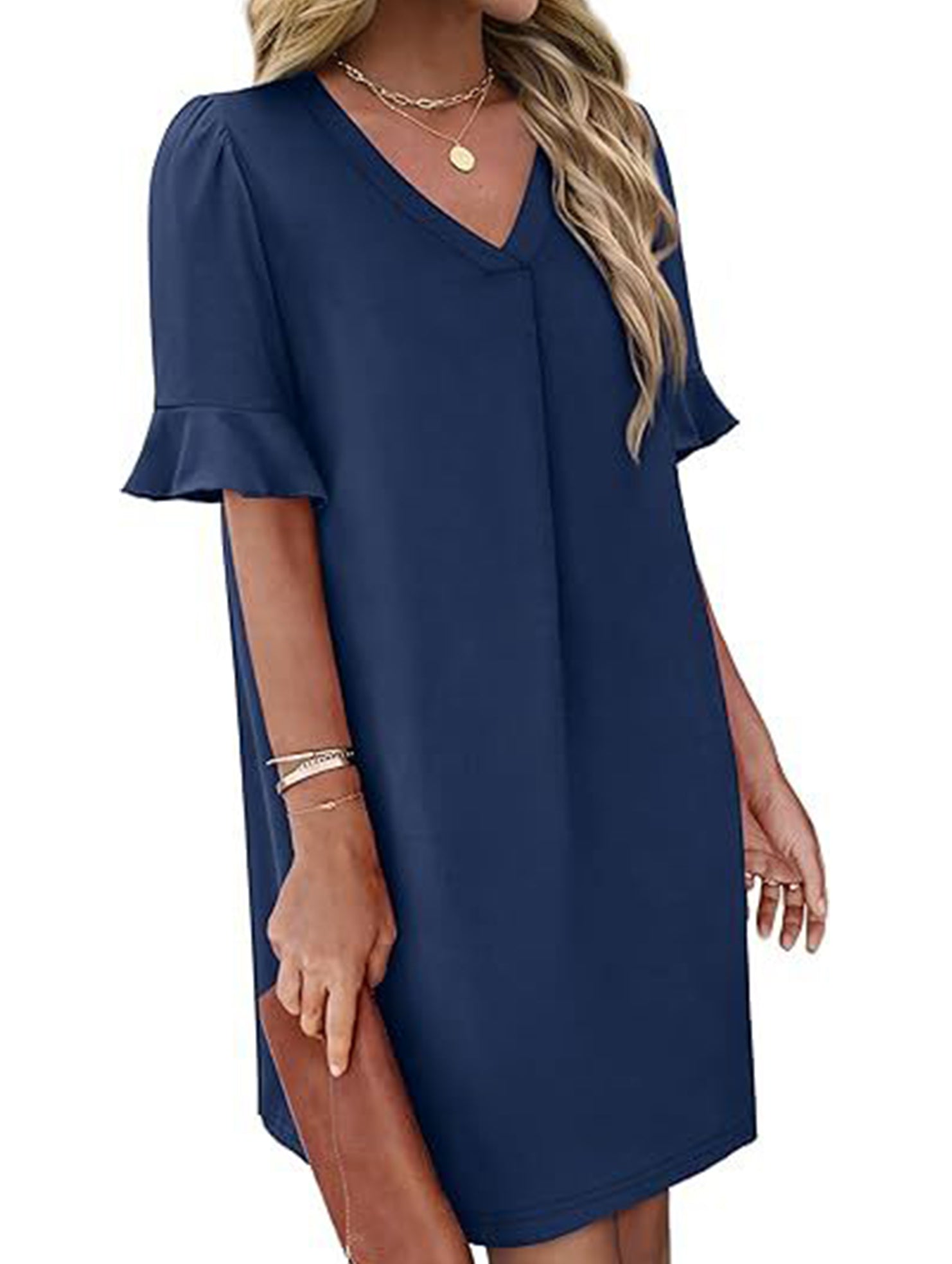 V Neck Flare Sleeve Midi Dress_CWDSD12025