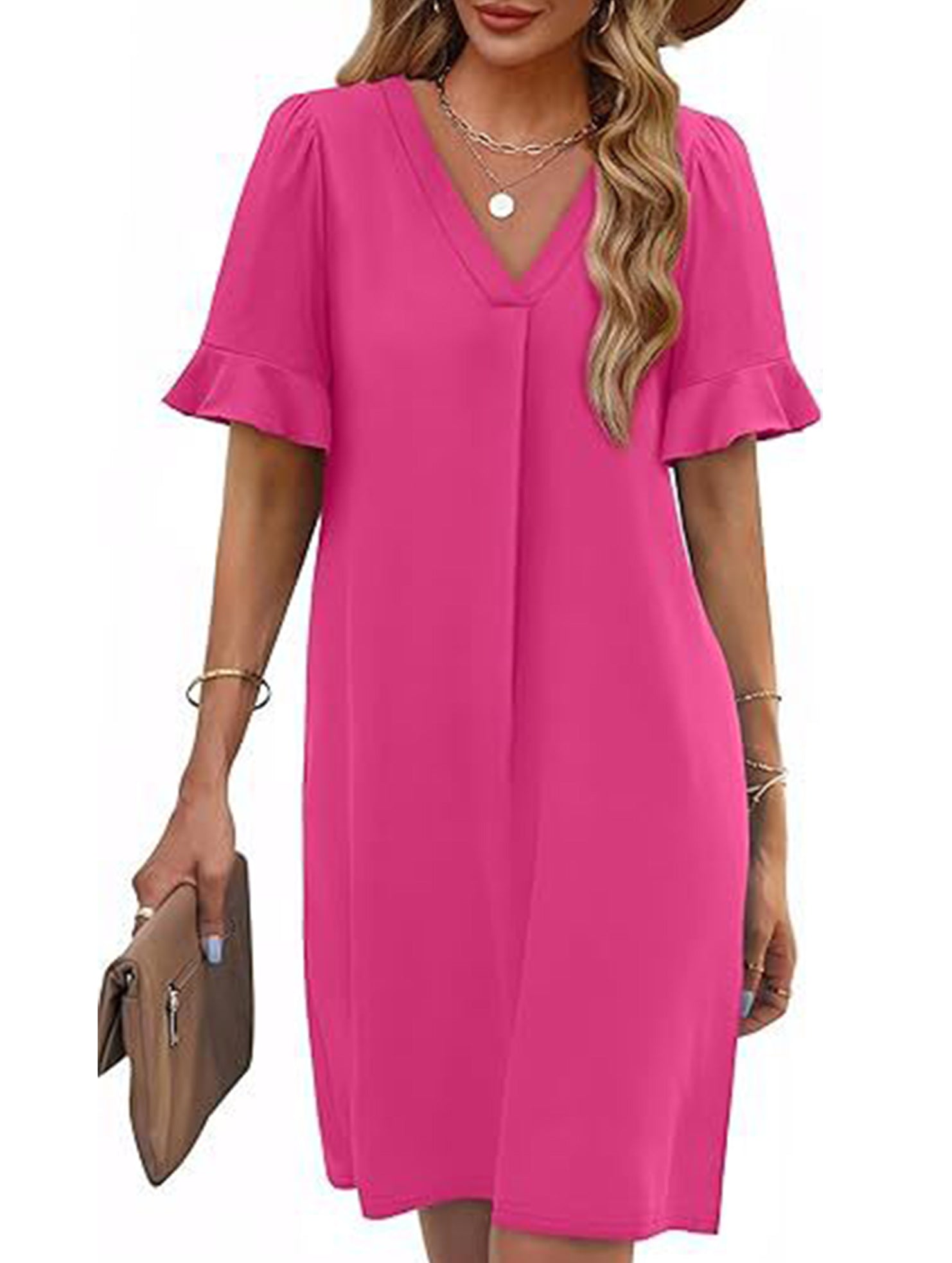 V Neck Flare Sleeve Midi Dress_CWDSD12025
