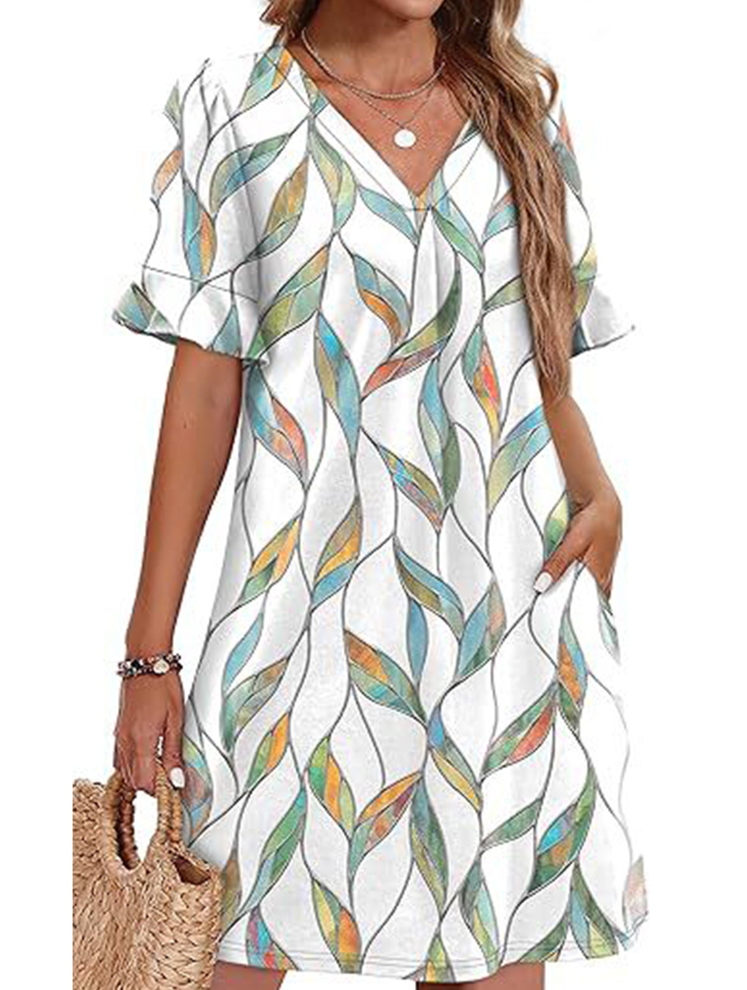 V Neck Flare Sleeve Midi Dress_CWDSD12025