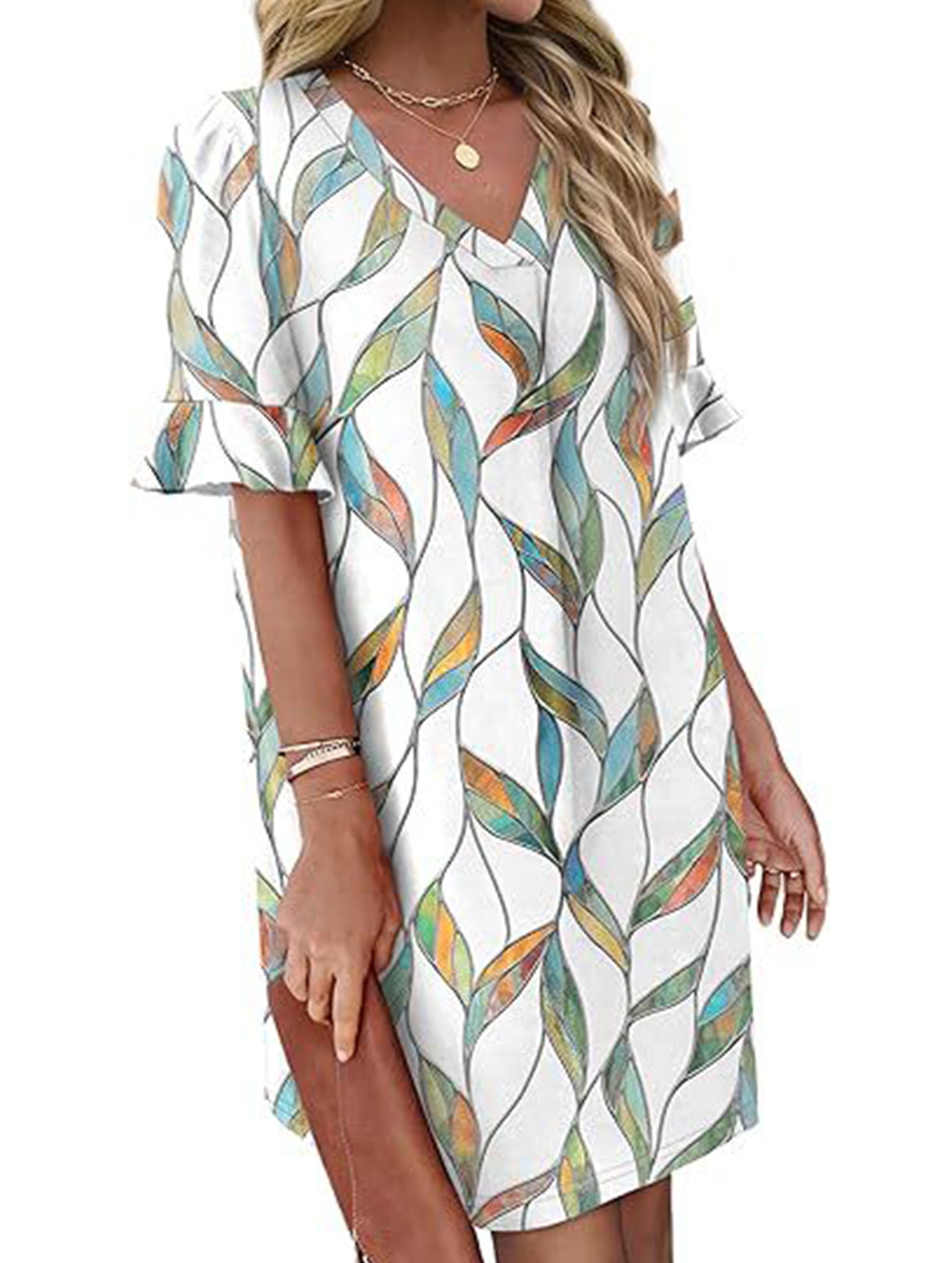 V Neck Flare Sleeve Midi Dress_CWDSD12025