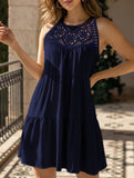 Women's navy lace patch halter A-line mini dress - crochet yoke sleeveless casual dress