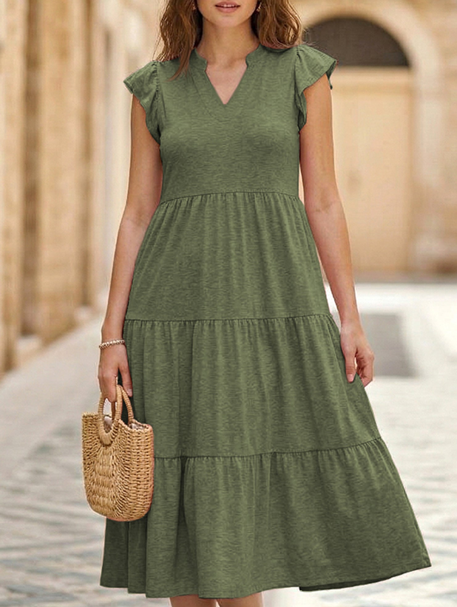 V Neck Ruffle Sleeve Midi Dress_CWDSD12027