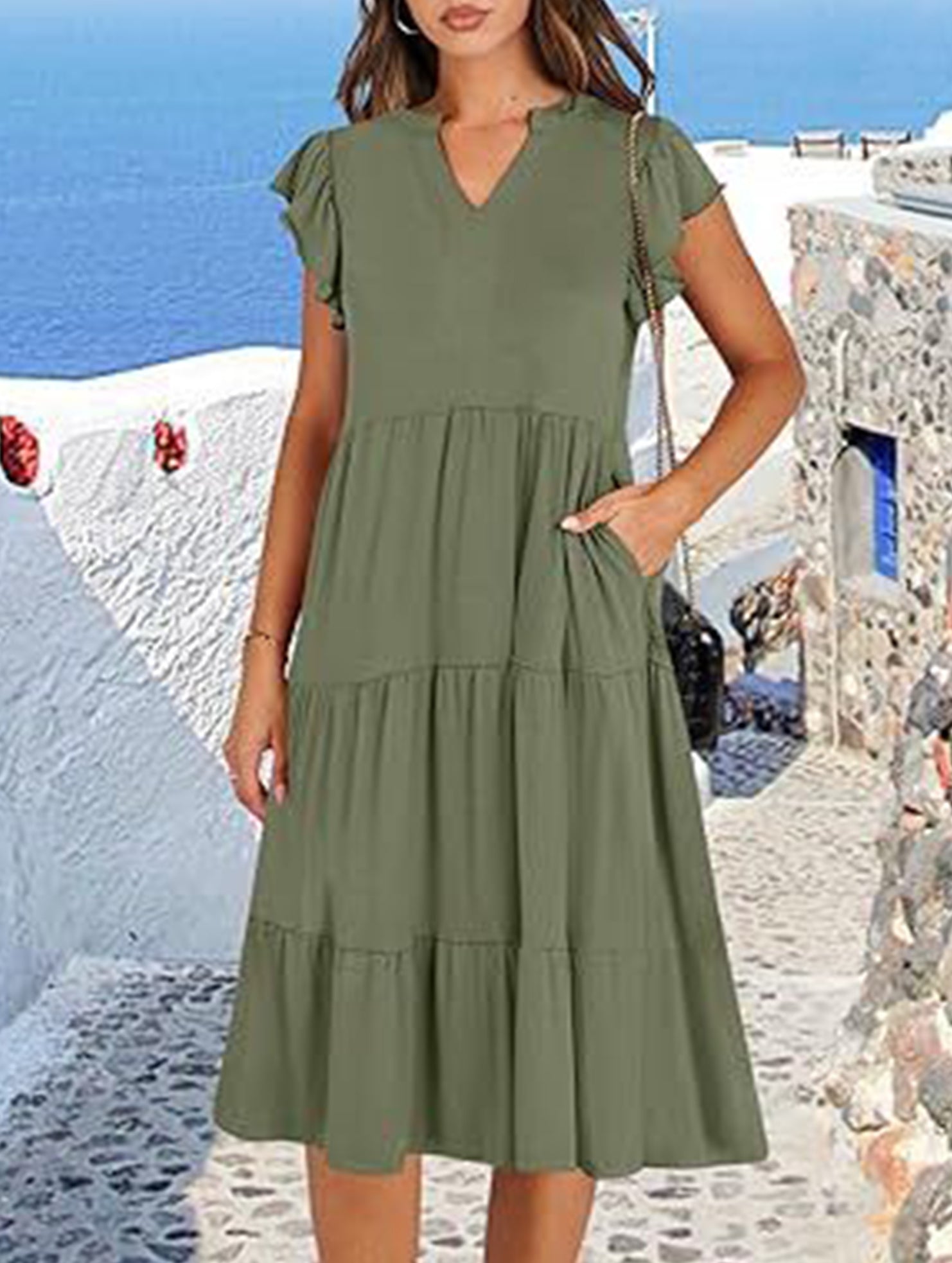 V Neck Ruffle Sleeve Midi Dress_CWDSD12027