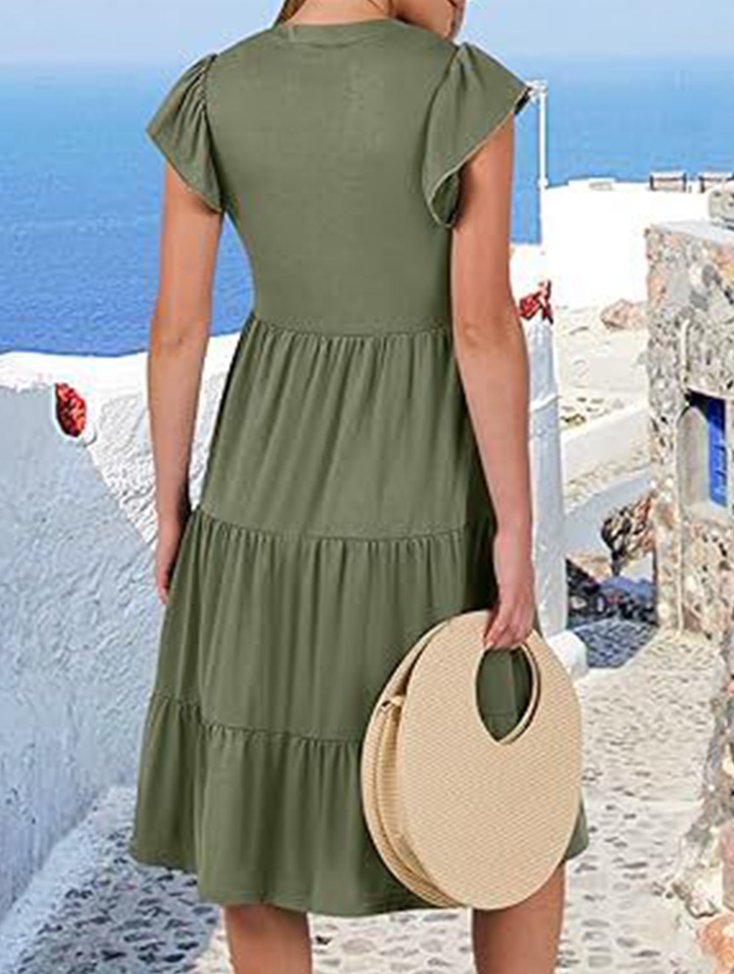 V Neck Ruffle Sleeve Midi Dress_CWDSD12027