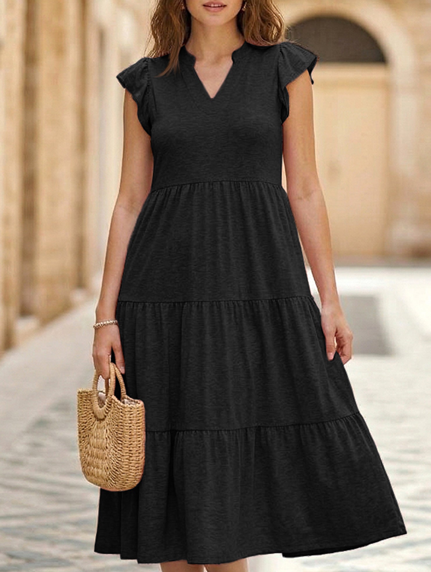 V Neck Ruffle Sleeve Midi Dress_CWDSD12027