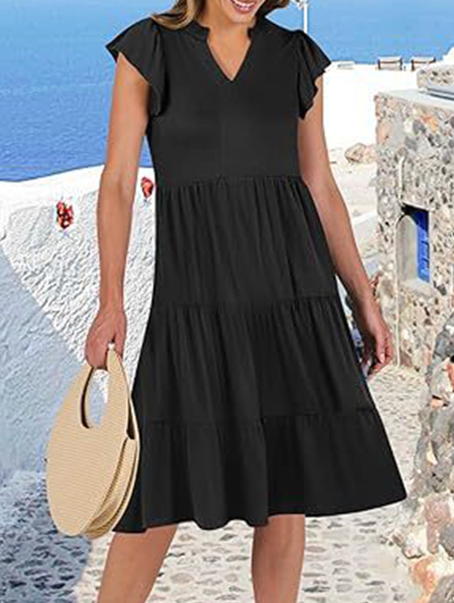 V Neck Ruffle Sleeve Midi Dress_CWDSD12027