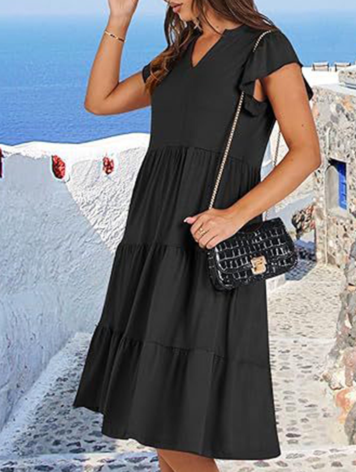 V Neck Ruffle Sleeve Midi Dress_CWDSD12027
