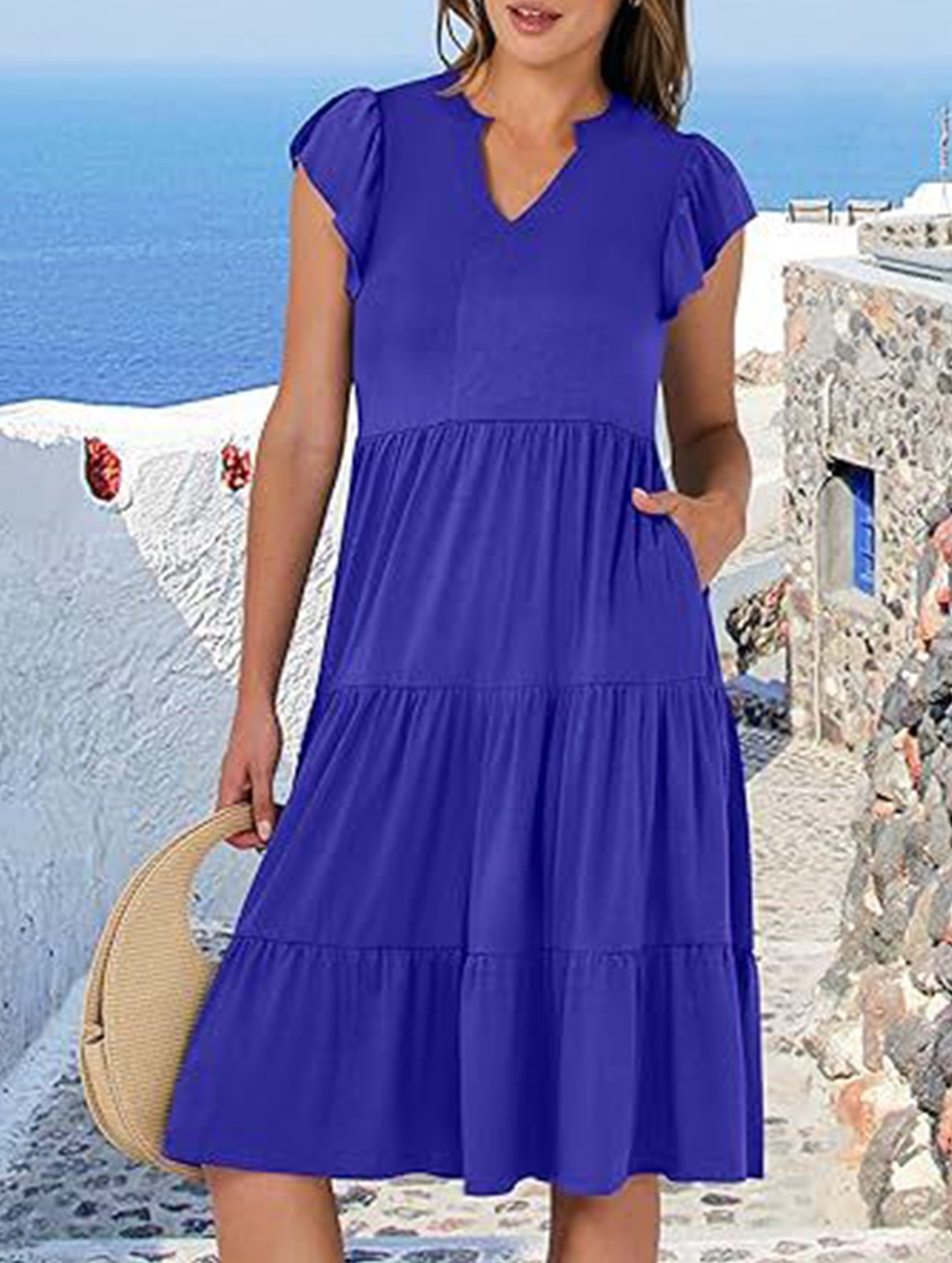 V Neck Ruffle Sleeve Midi Dress_CWDSD12027