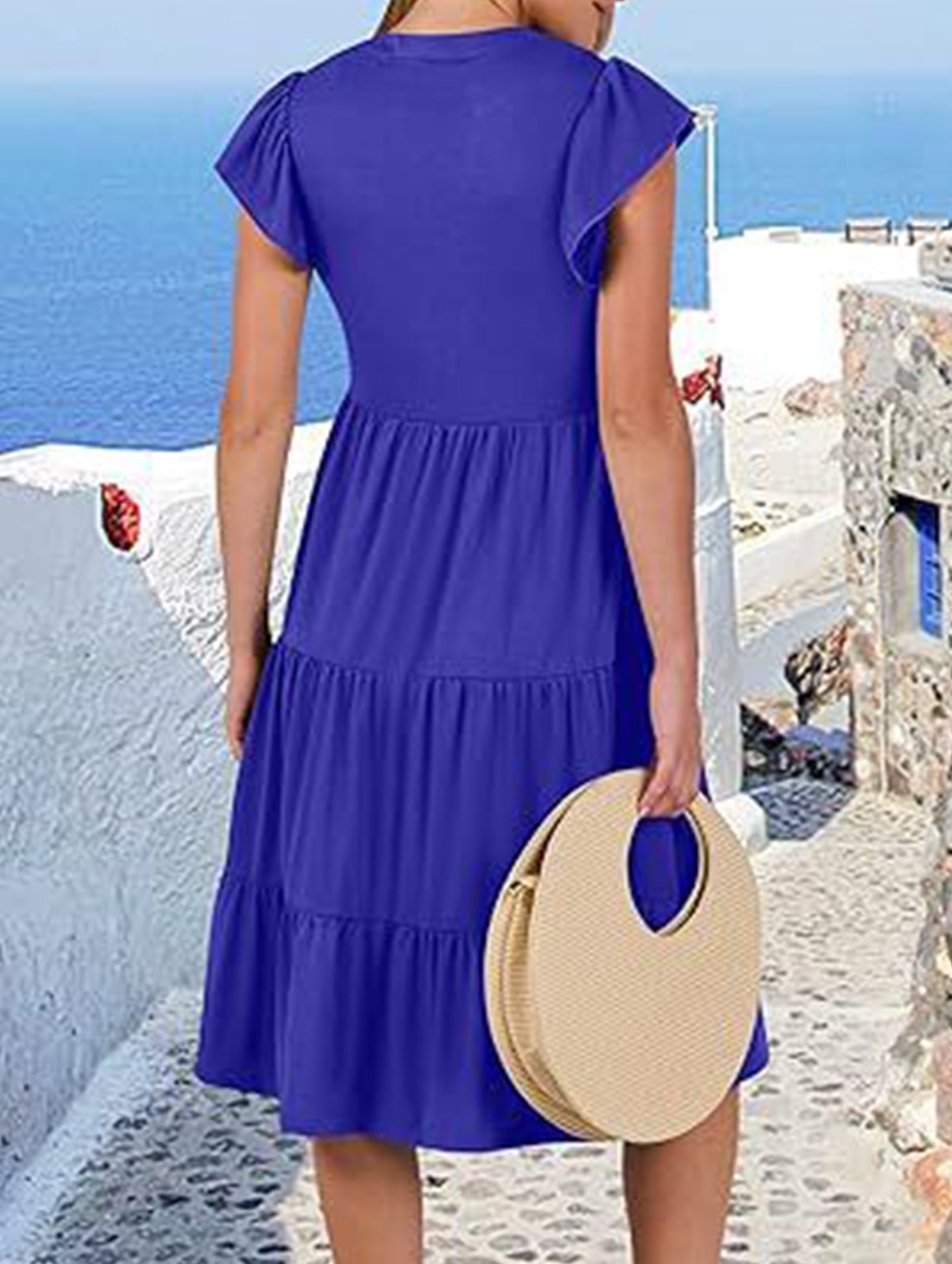 V Neck Ruffle Sleeve Midi Dress_CWDSD12027