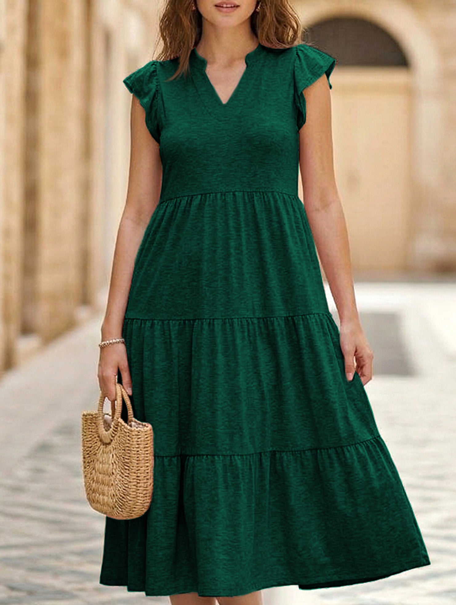 V Neck Ruffle Sleeve Midi Dress_CWDSD12027