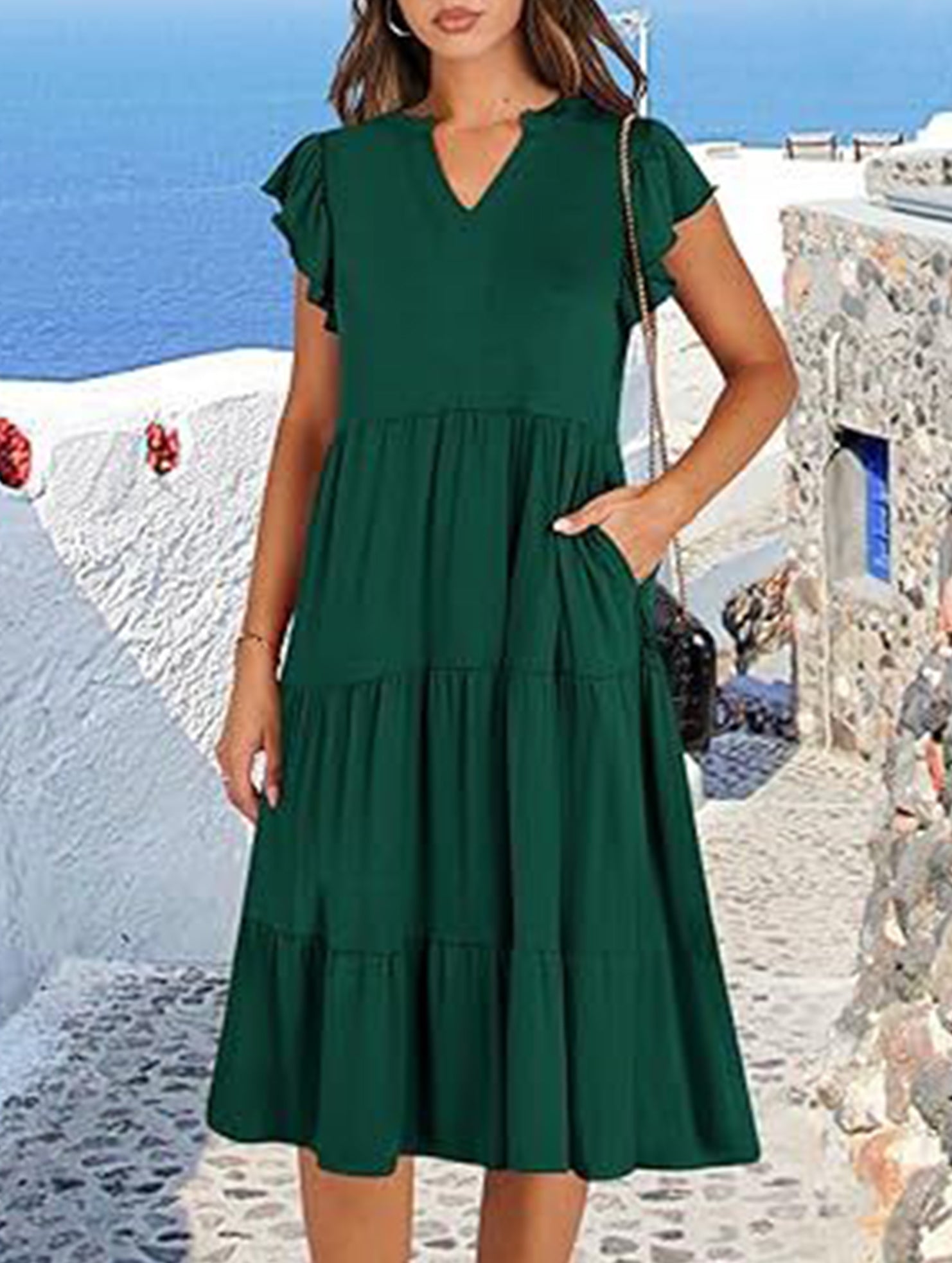 V Neck Ruffle Sleeve Midi Dress_CWDSD12027