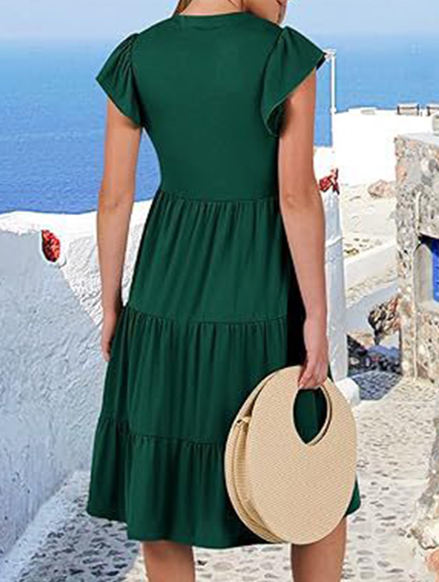 V Neck Ruffle Sleeve Midi Dress_CWDSD12027