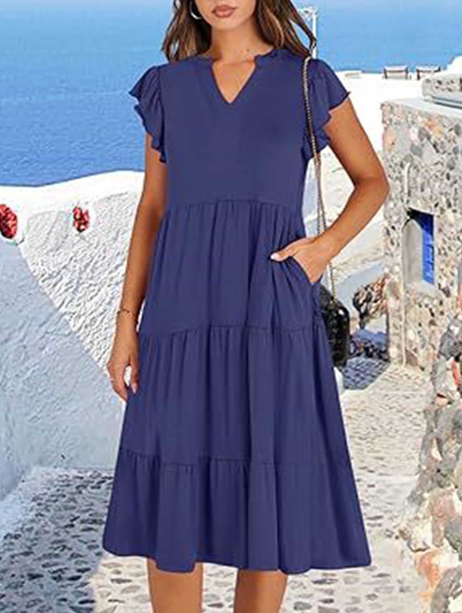V Neck Ruffle Sleeve Midi Dress_CWDSD12027