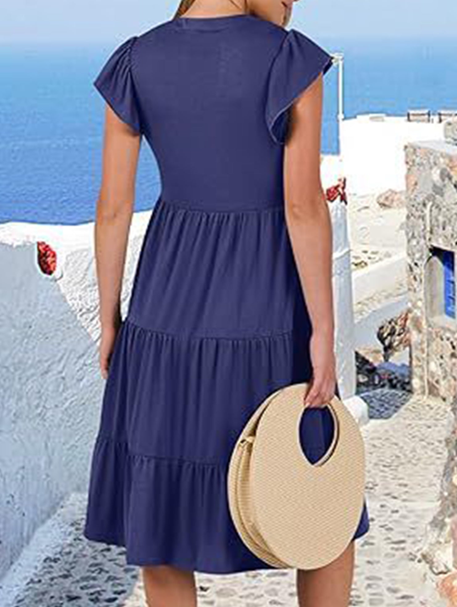 V Neck Ruffle Sleeve Midi Dress_CWDSD12027