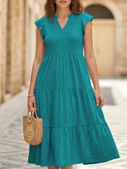 V Neck Ruffle Sleeve Midi Dress_CWDSD12027