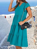 V Neck Ruffle Sleeve Midi Dress_CWDSD12027