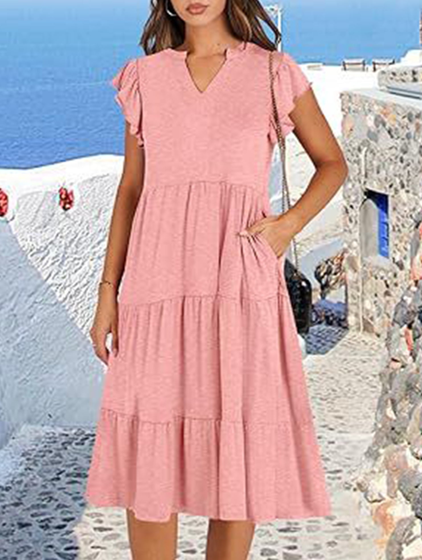 V Neck Ruffle Sleeve Midi Dress_CWDSD12027