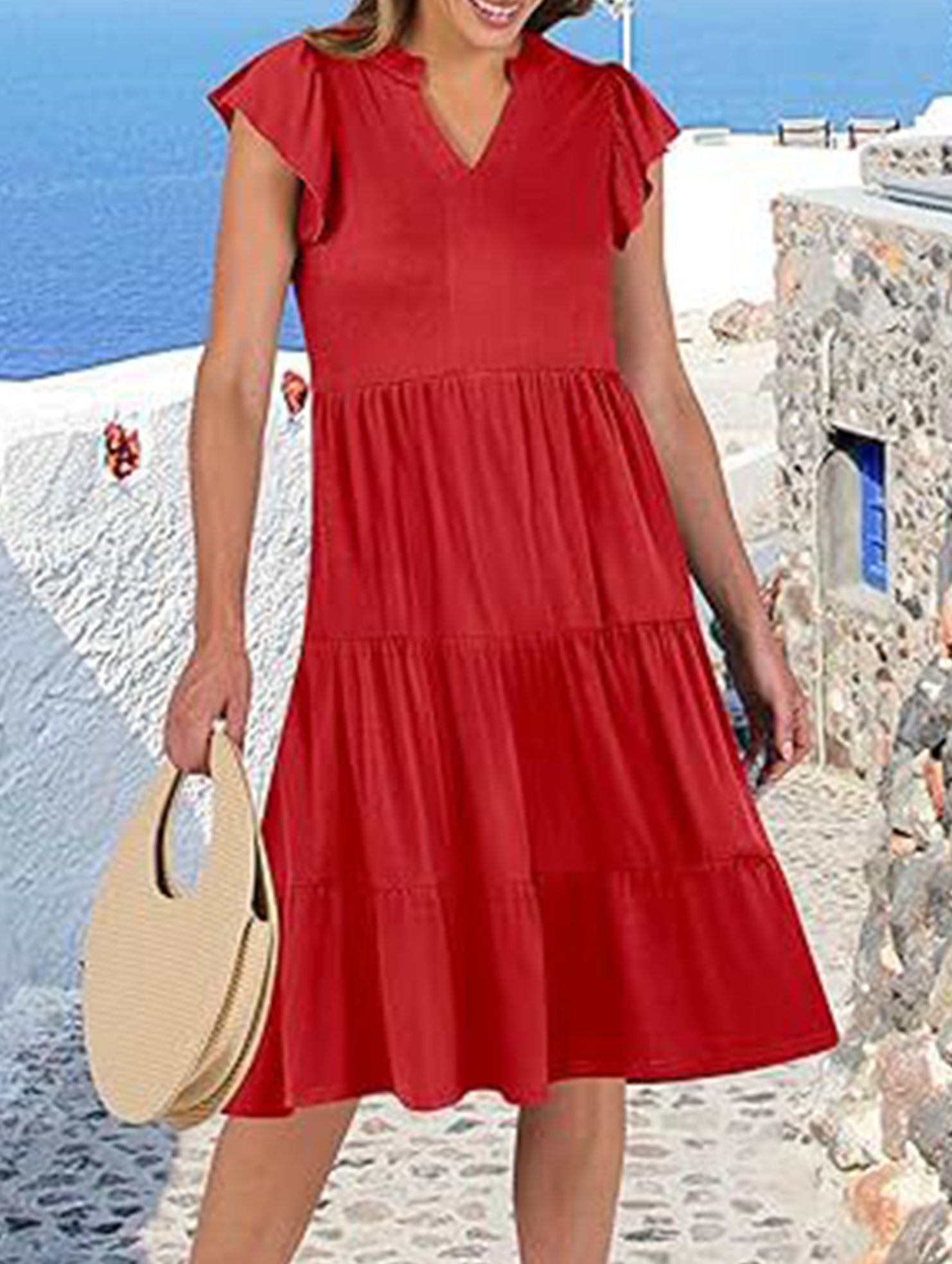 V Neck Ruffle Sleeve Midi Dress_CWDSD12027