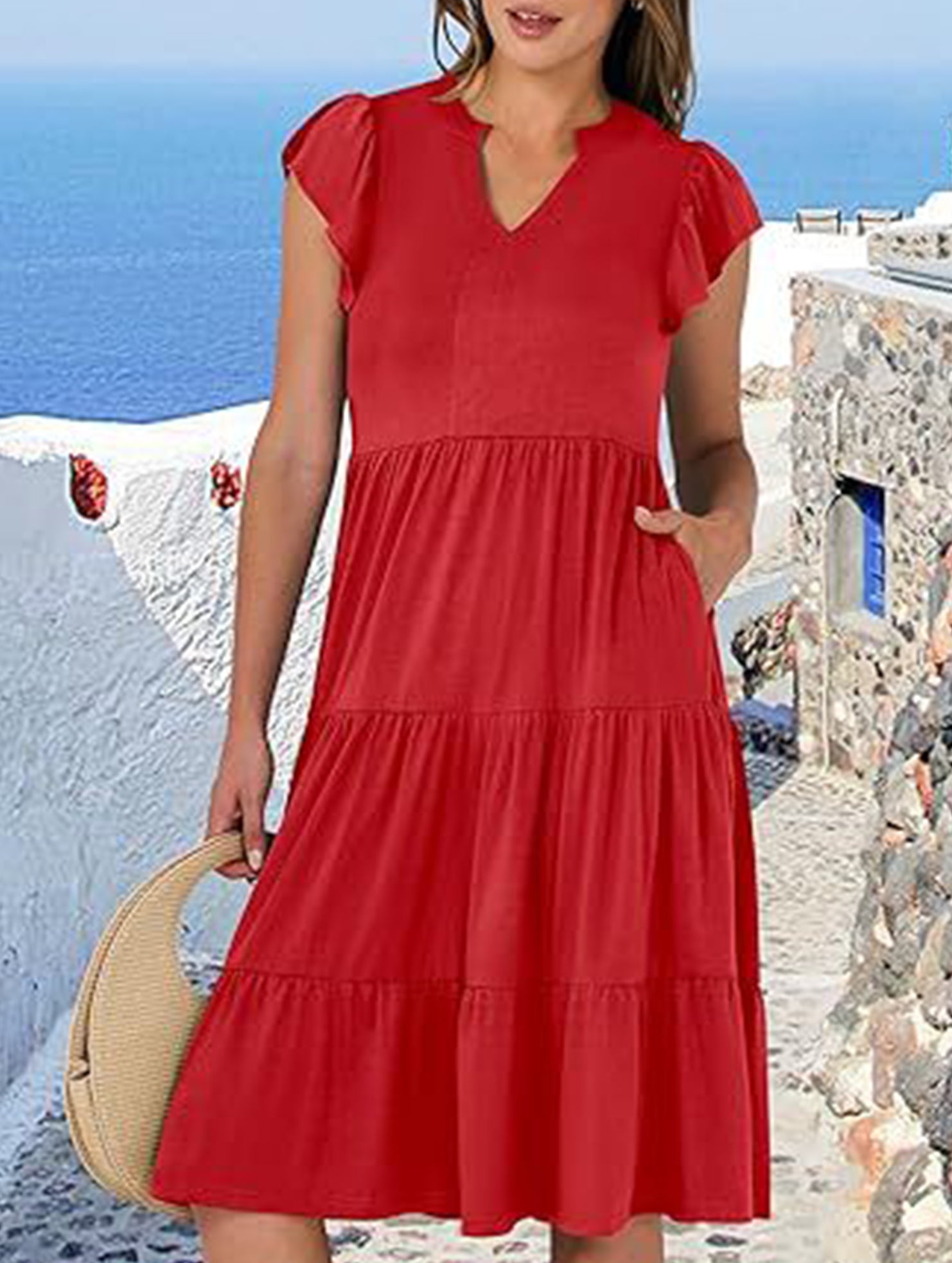 V Neck Ruffle Sleeve Midi Dress_CWDSD12027