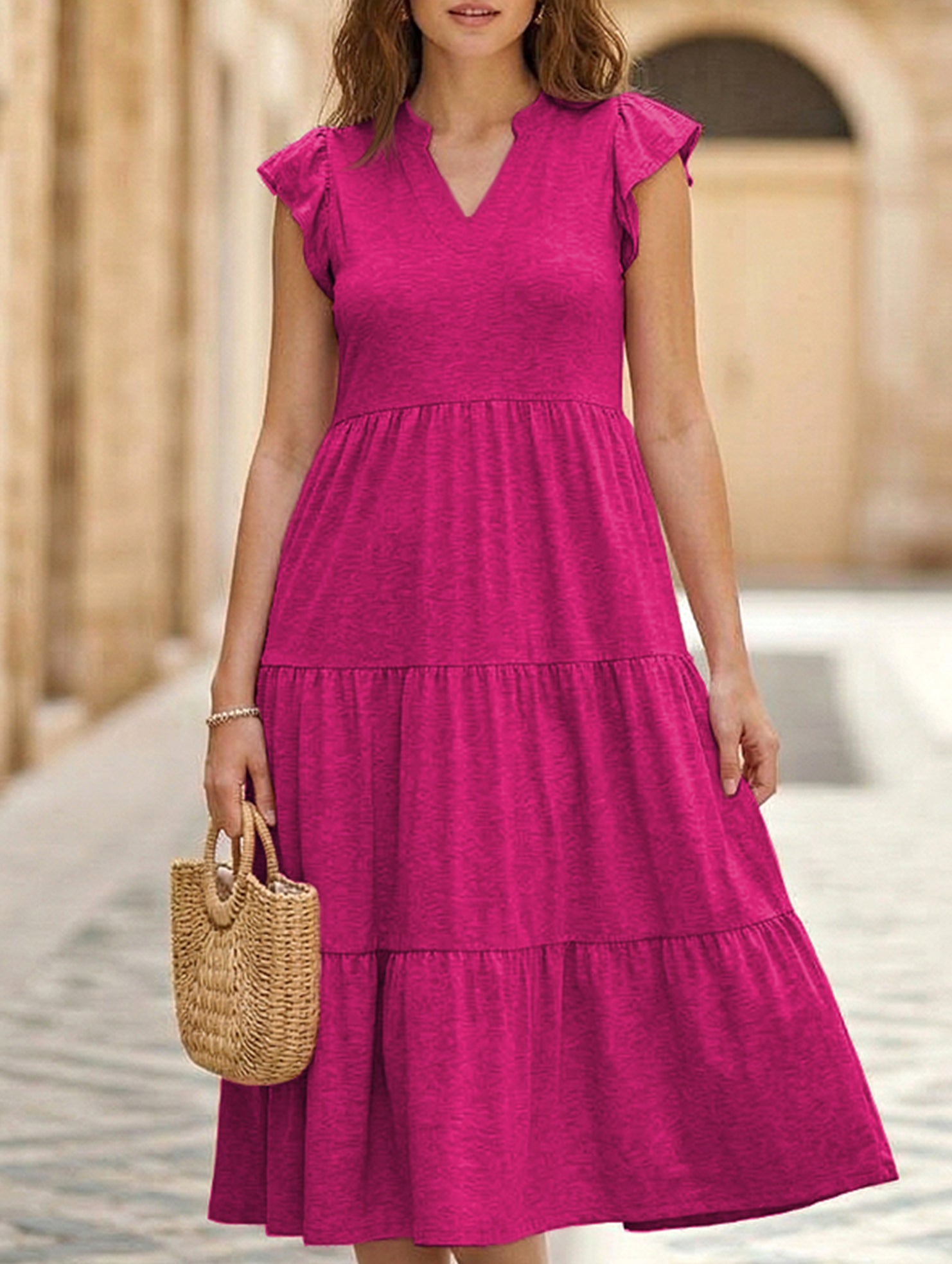 V Neck Ruffle Sleeve Midi Dress_CWDSD12027