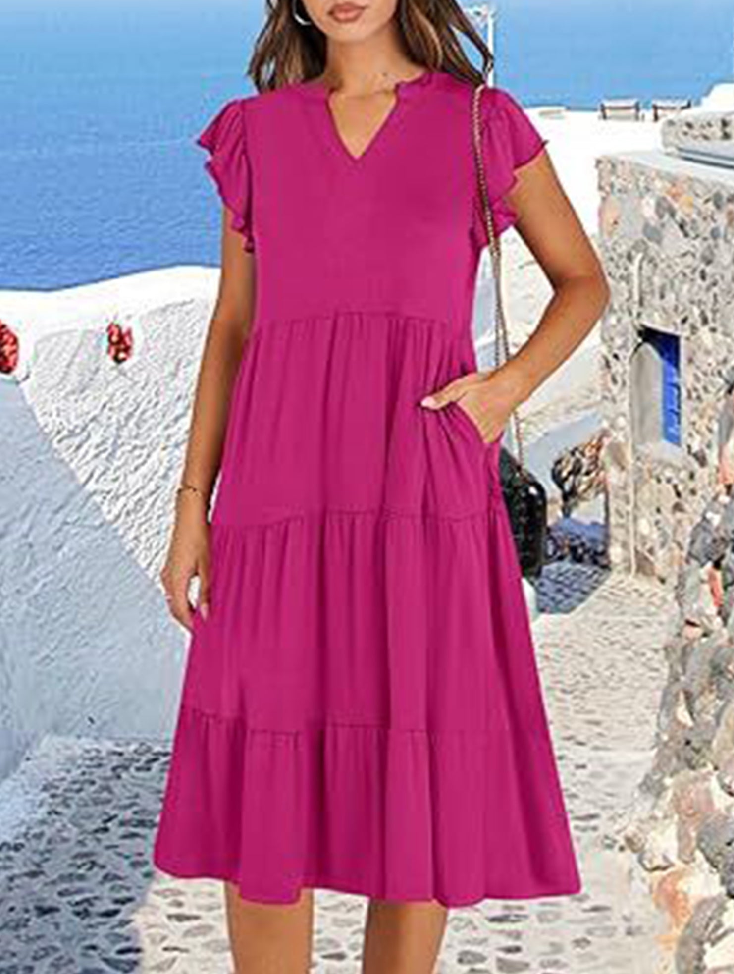 V Neck Ruffle Sleeve Midi Dress_CWDSD12027