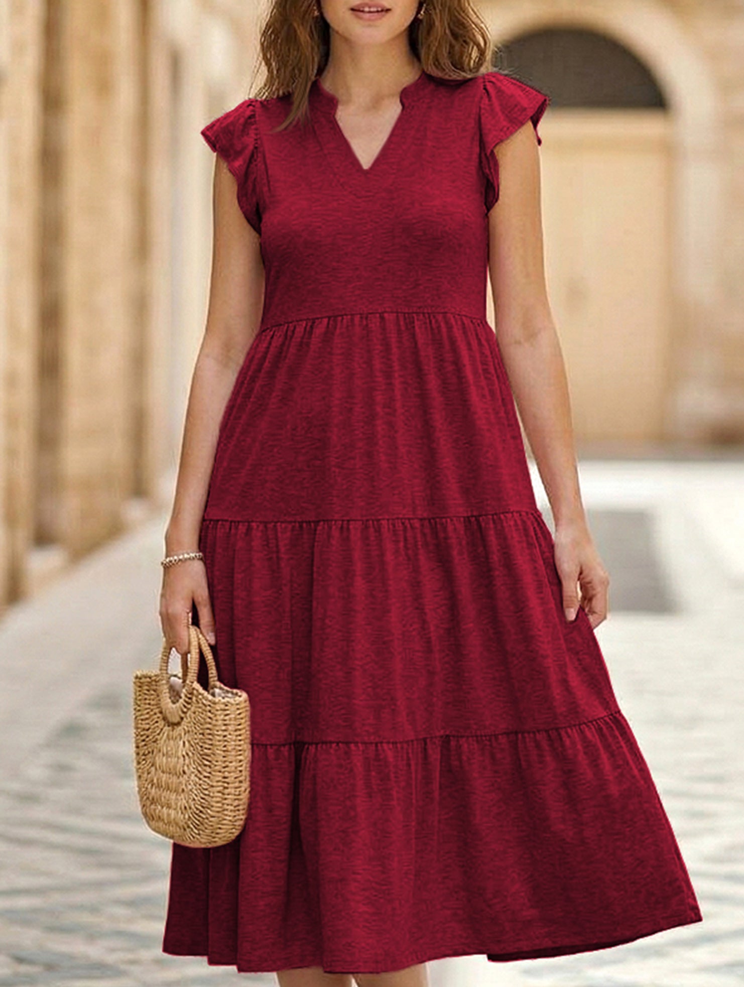 V Neck Ruffle Sleeve Midi Dress_CWDSD12027