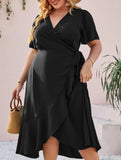 Large Size Black Slim Fit Dress with Slit