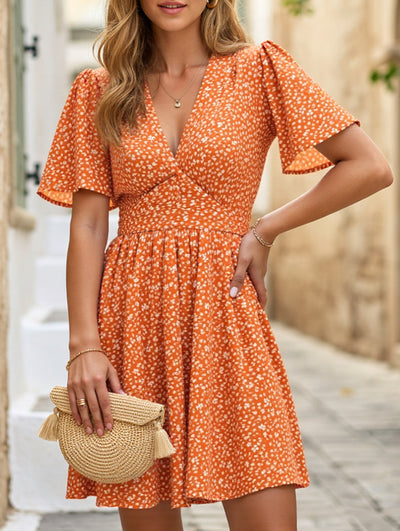 V-Neck High-Waisted Floral Pleated Dress ??Lightweight Polyester, S?“XXL