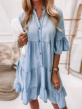 Solid Color Washed Cotton Five-Quarter Sleeve A-line Denim Dress
