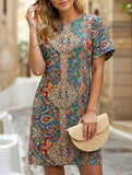 Printed Holiday Style Short Sleeve Dress ??Lightweight Polyester, S?“XXL