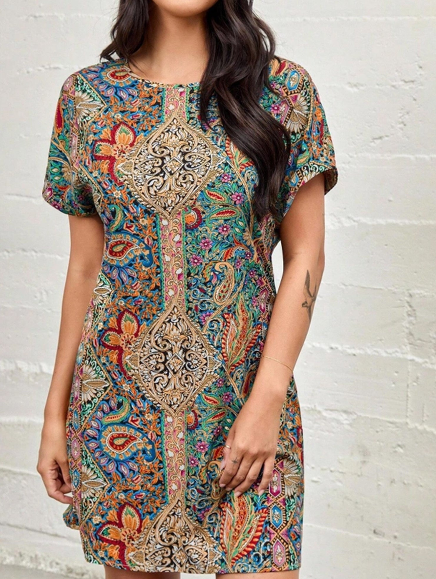 Printed Holiday Style Short Sleeve Dress ??Lightweight Polyester, S?“XXL