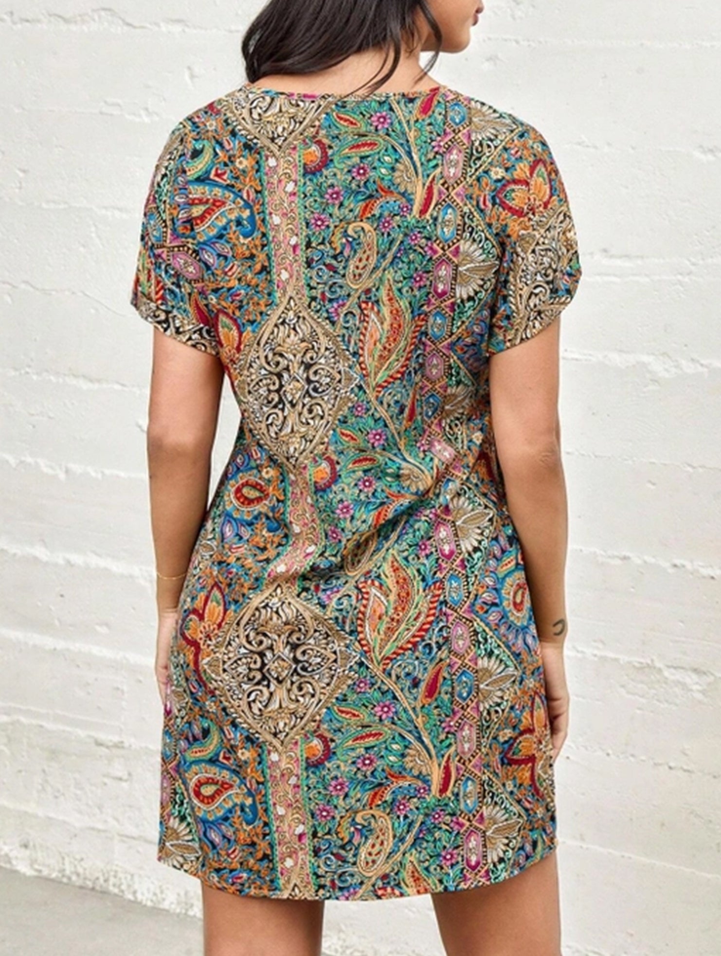 Printed Holiday Style Short Sleeve Dress ??Lightweight Polyester, S?“XXL